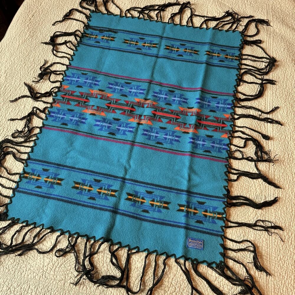 Vintage Pendleton Beaver State Robes And Shawls Aztec Blanket Blue Green 30x43"